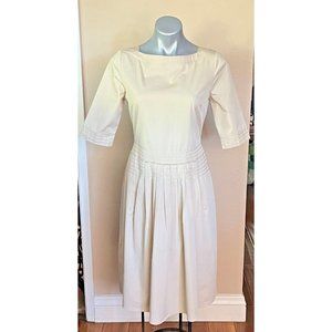 Elie Tahari Lined Dress Sz L Womens Ivory Mid-length 3/4 Pleated skirt Sleeve A-